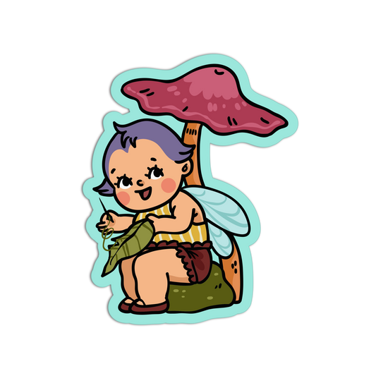 Sewing a Leaf - Retro Baby Fairy Mushrooms Sticker