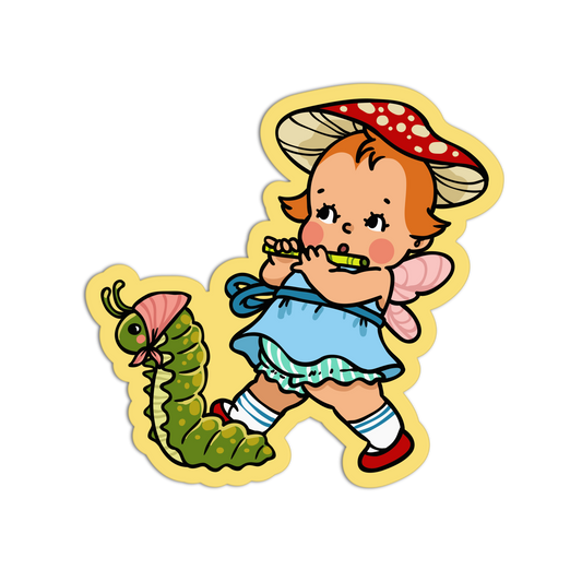 Baby Fairy Playing Flute - Retro Baby Fairy Mushrooms Sticker