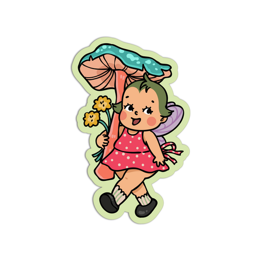 Baby Fairy with Blue Mushroom - Retro Baby Fairy Mushrooms Sticker