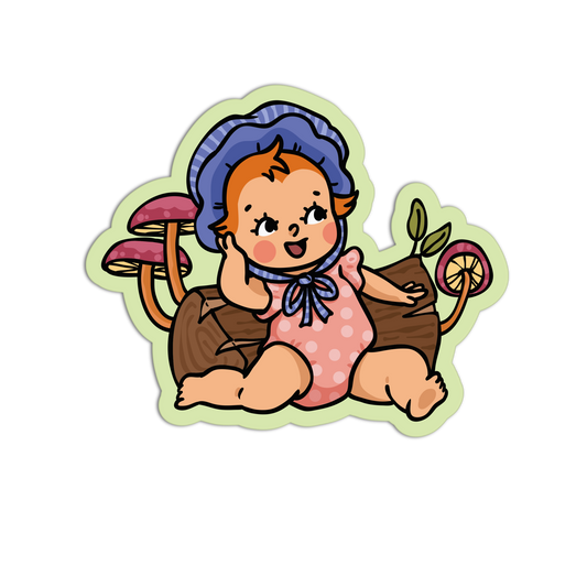 Baby Fairy on a Log - Retro Baby Fairy Mushrooms Sticker