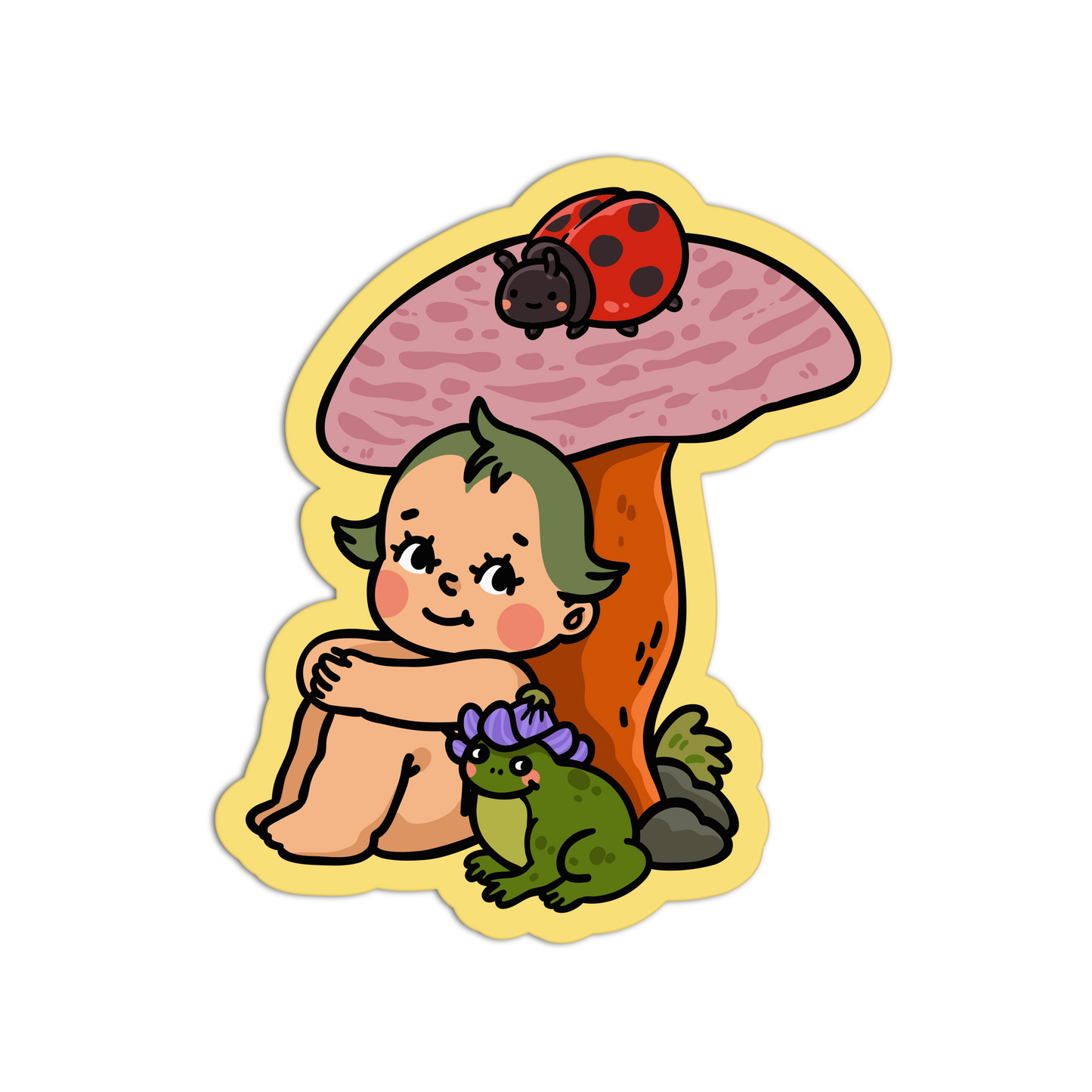 Baby Fairy with Frog and Ladybug - Retro Baby Fairy Mushrooms Sticker