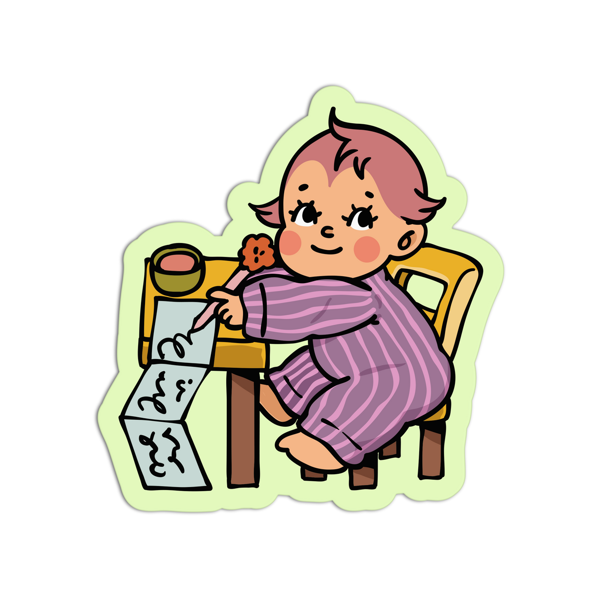 A cartoon sticker-style illustration of a child sitting at a small table and drawing, with a pale green die-cut outline on a plain white background.