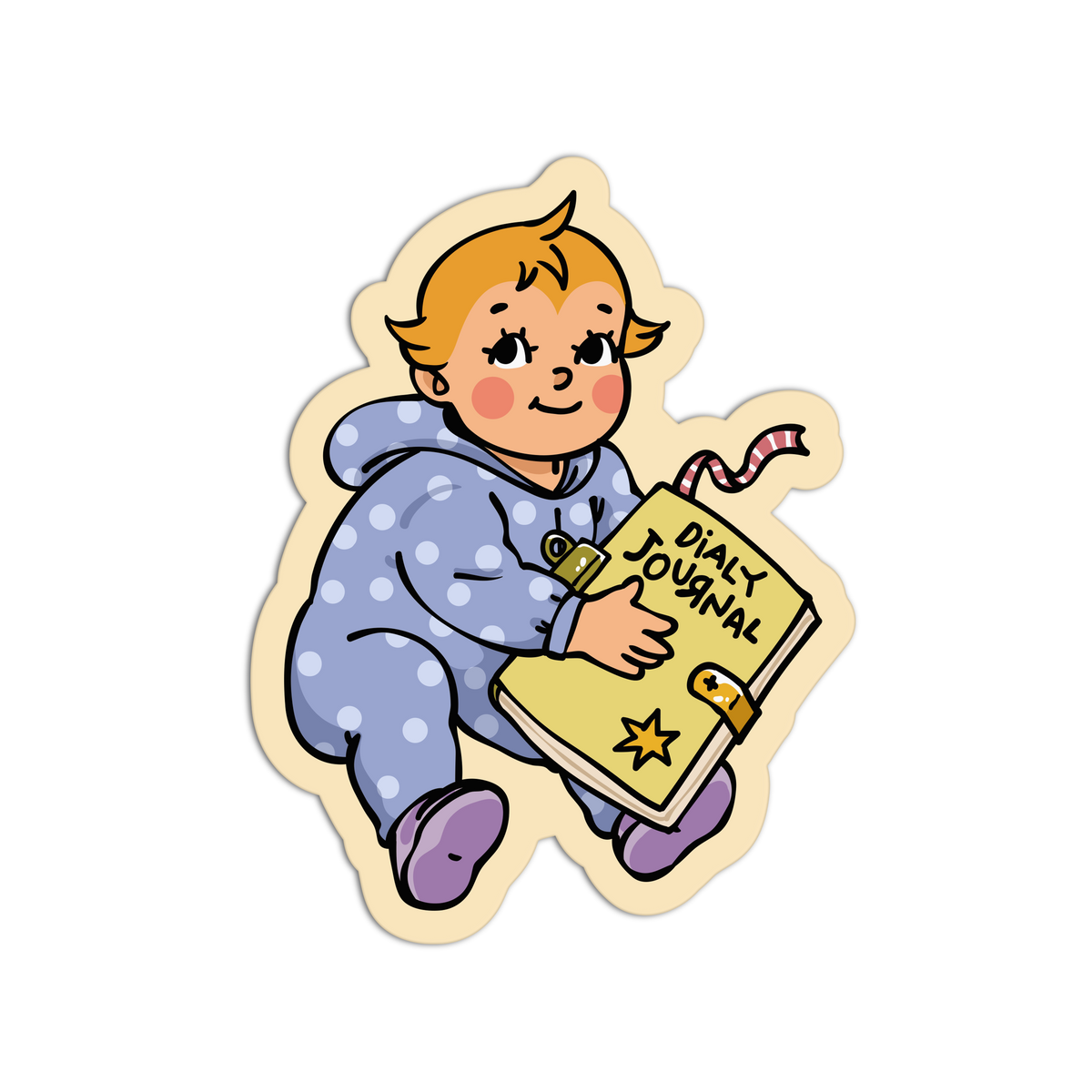 A die-cut sticker featuring a cute cartoon illustration of a baby in a light blue polka-dot onesie holding a yellow 'DIALY JOURNAL' with a gold clasp and pink-and-white striped ribbon, shown on a plain white background.