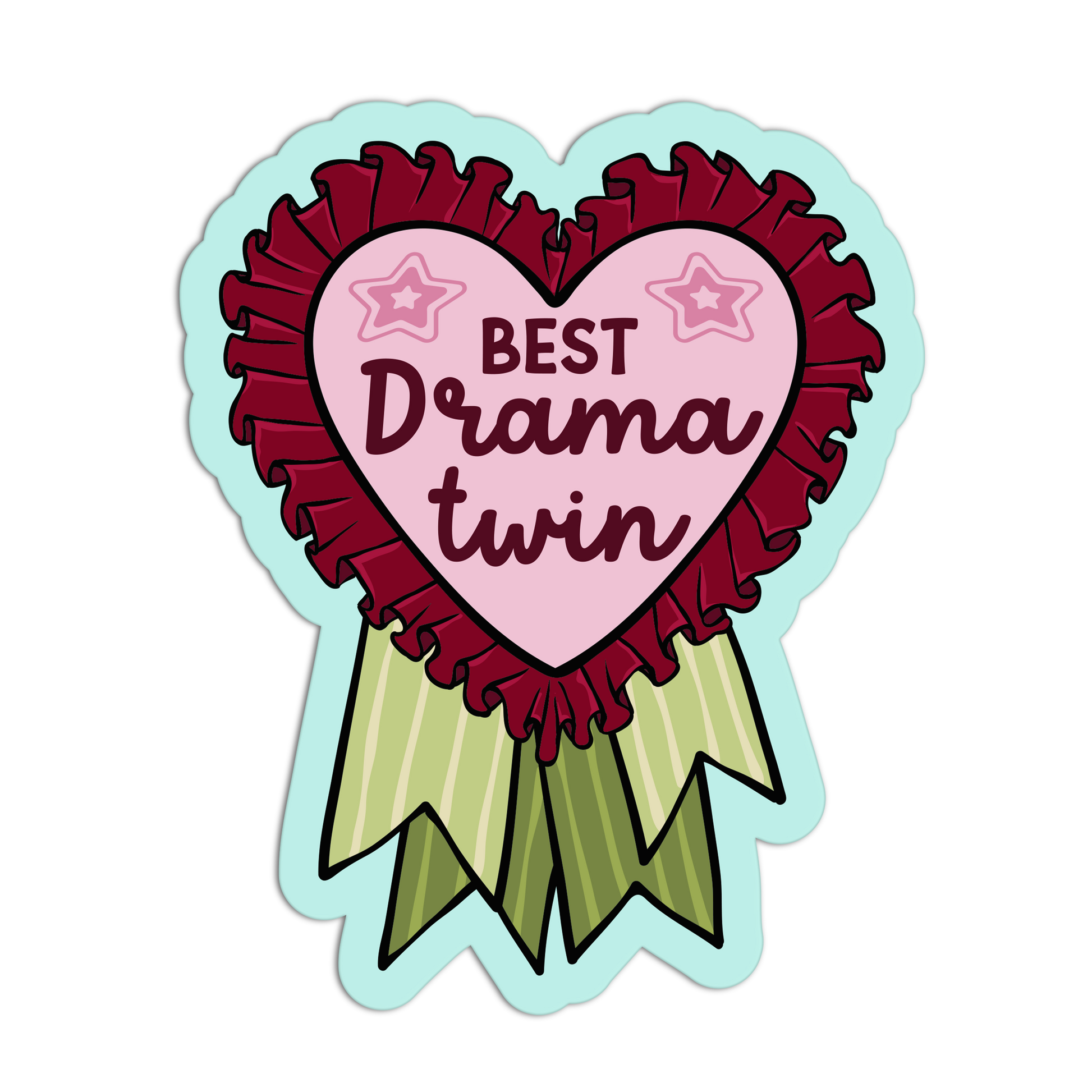 Sticker with a heart-shaped ribbon that says 'Best Drama Twin' on a white background