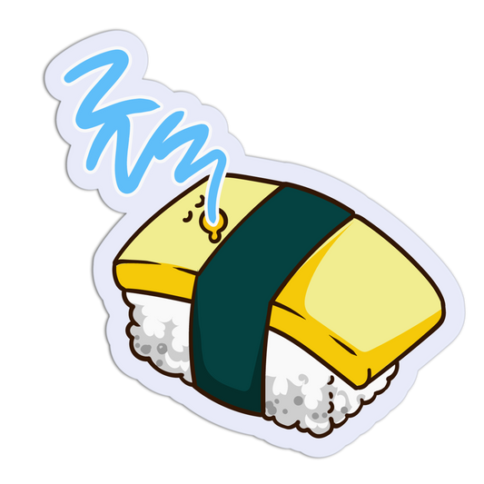 Cartoon-style sushi roll with sleeping text on a white background