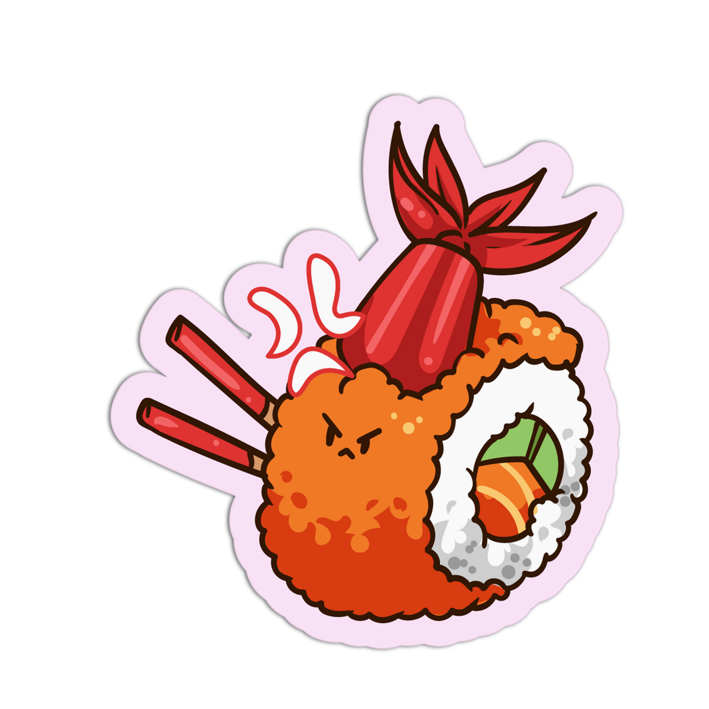 Cartoon sushi roll with a red bow on a white background