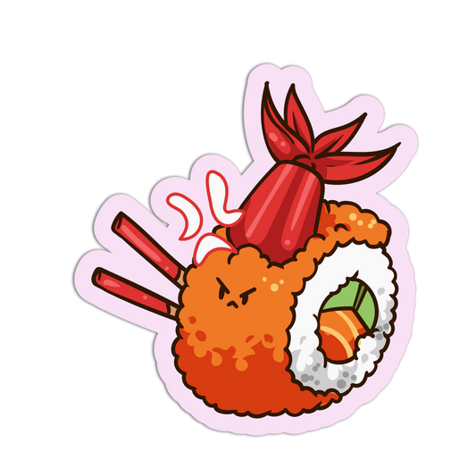 Cartoon sushi roll with a red bow on a white background