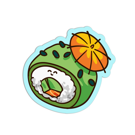 Cartoon avocado with a smiley face and an umbrella on a white background