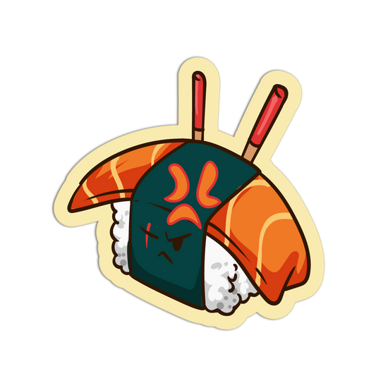 Cartoon sushi character with a face on a white background