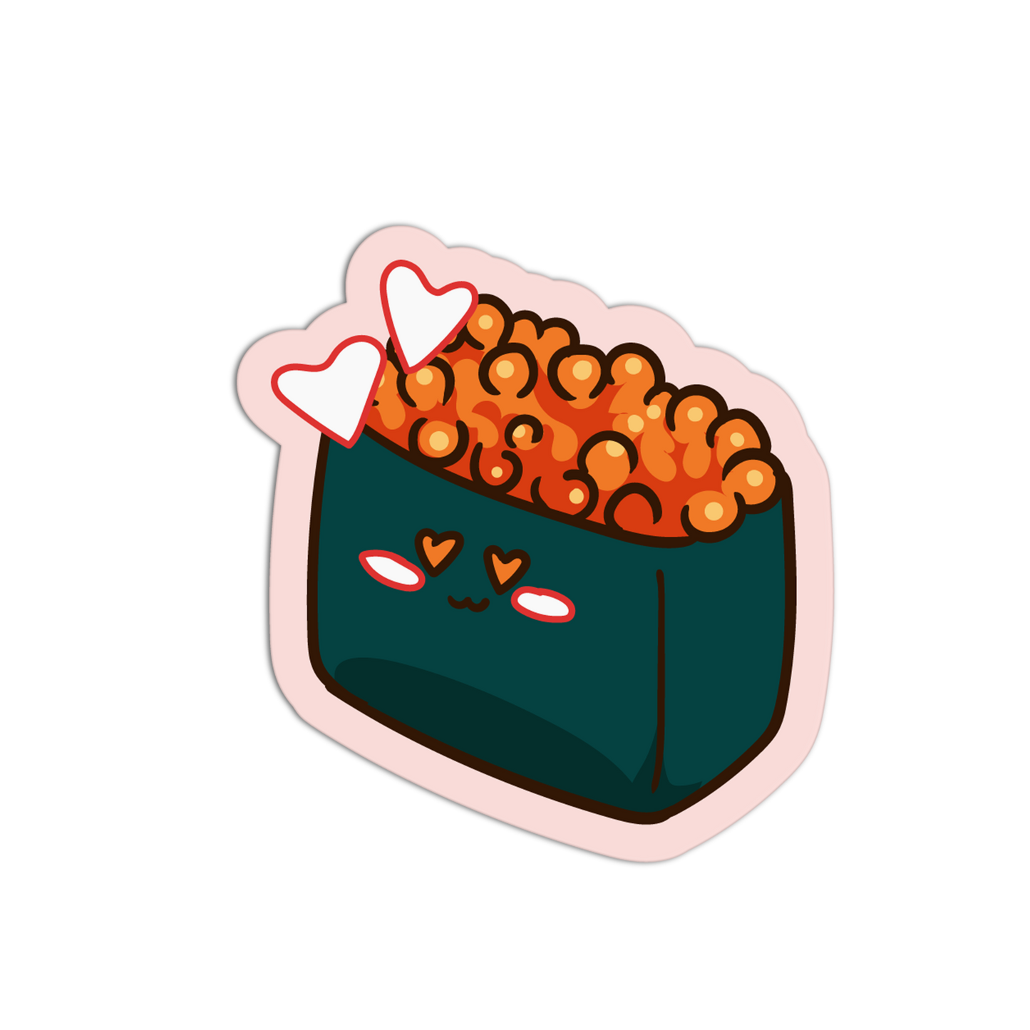 Cartoon sushi roll with roe and hearts on a white background