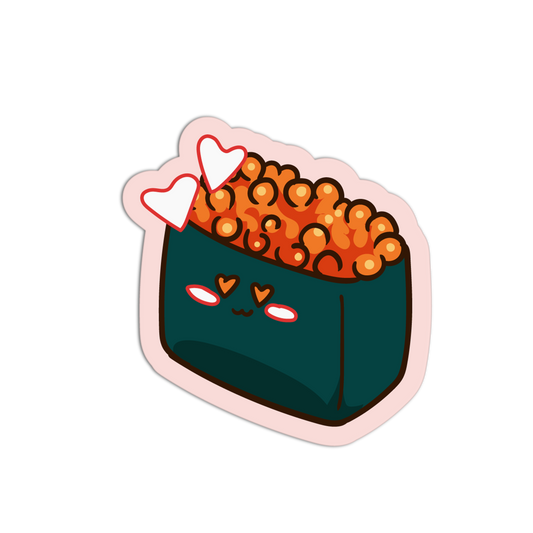 Cartoon sushi roll with roe and hearts on a white background