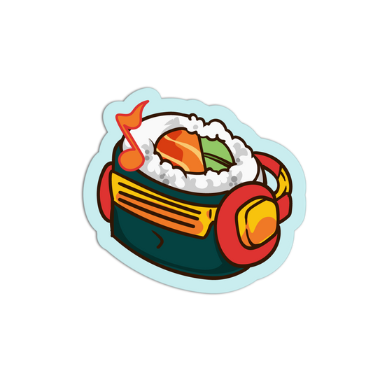 Sticker of a sushi roll with headphones and music notes on a white background