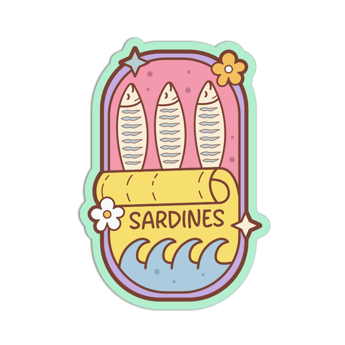 Cartoon-style sticker of sardines in a can with flowers and 'Sardines' text on a white background