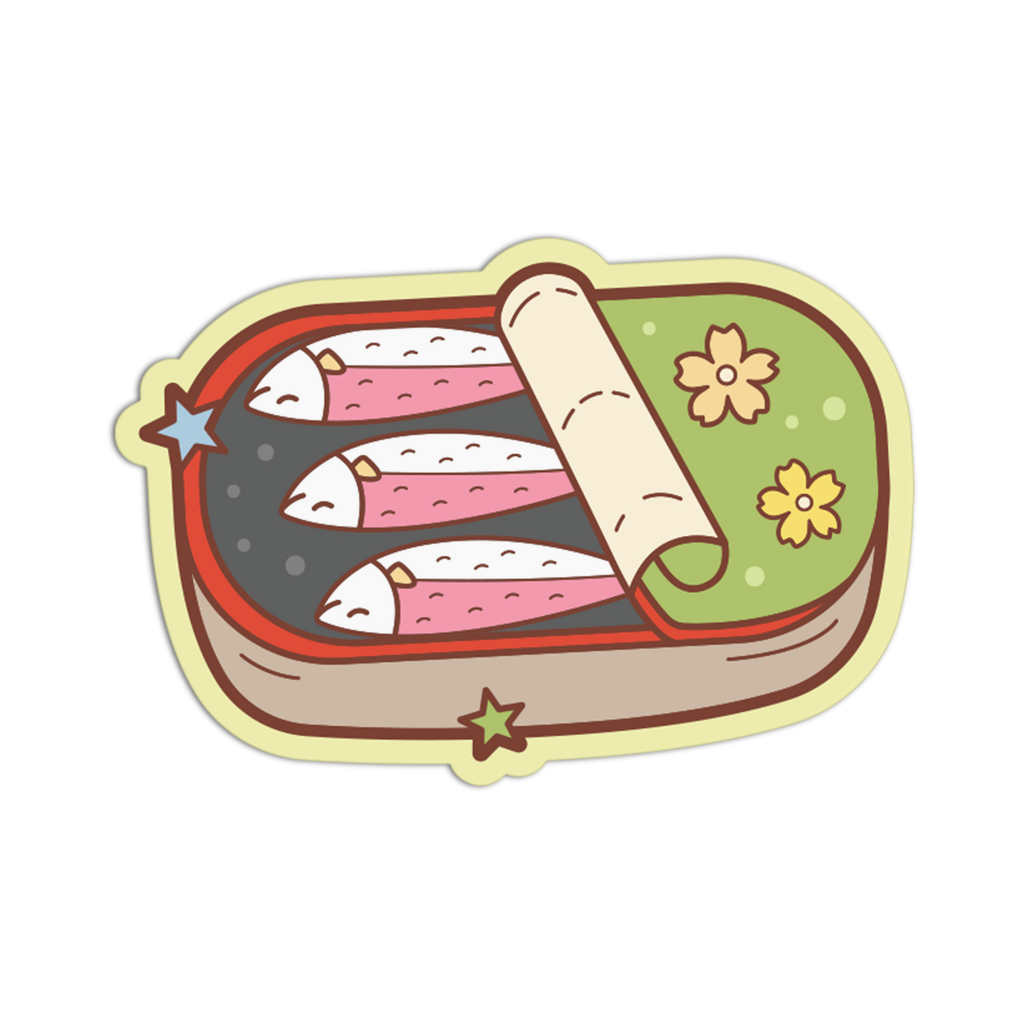 Illustration of a bento box with sushi and a roll on a white background