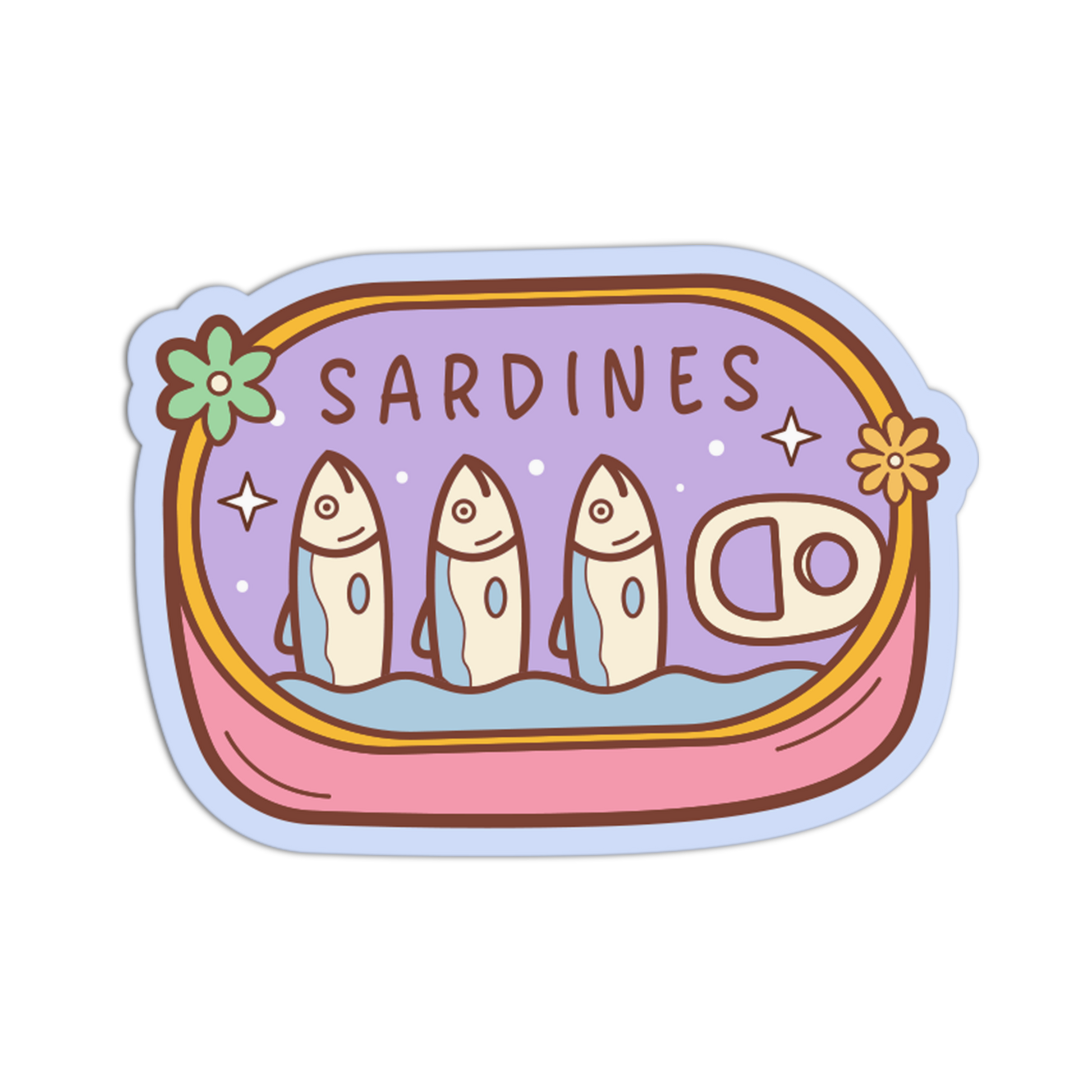 Sticker design of sardines in a can with a purple background