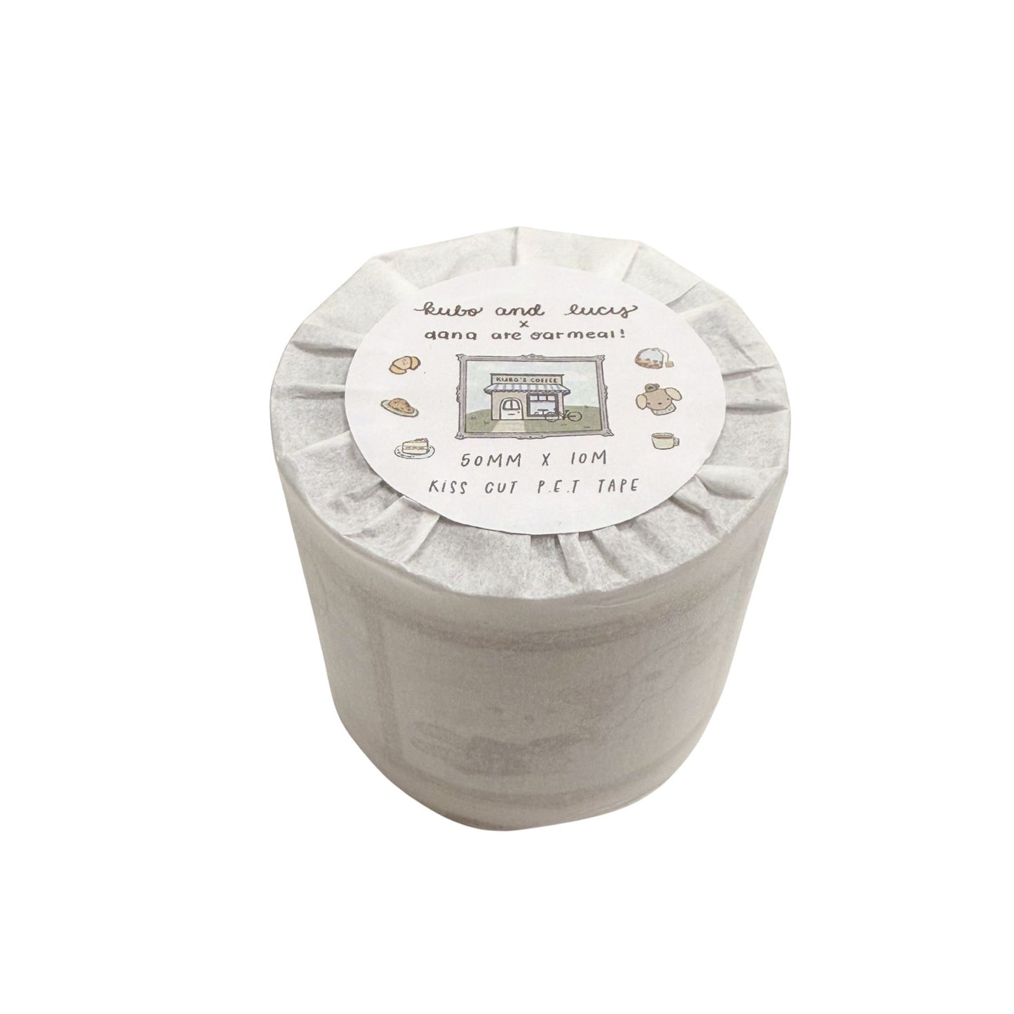 Roll of tape with a label on a white background