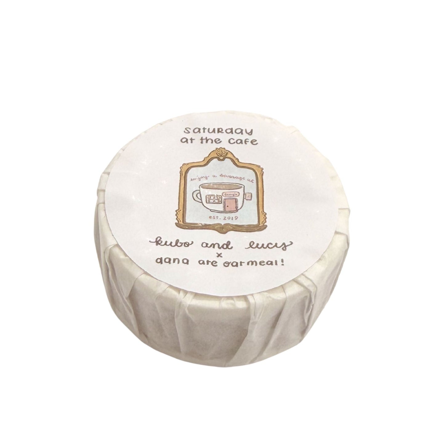 Round product with a label on a white background