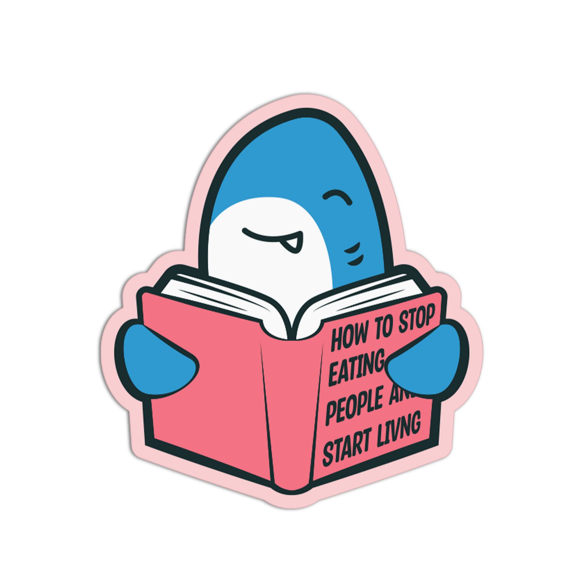 Cartoon character reading a book titled 'How to Stop Eating People and Start Living' on a white background
