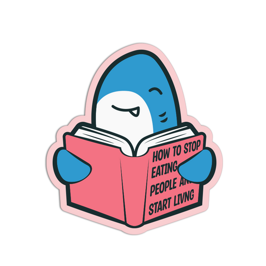 Cartoon character reading a book titled 'How to Stop Eating People and Start Living' on a white background
