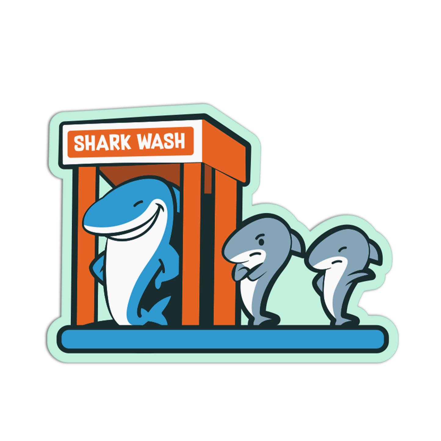 Cartoon shark and dolphins at a 'Shark Wash' station on a white background