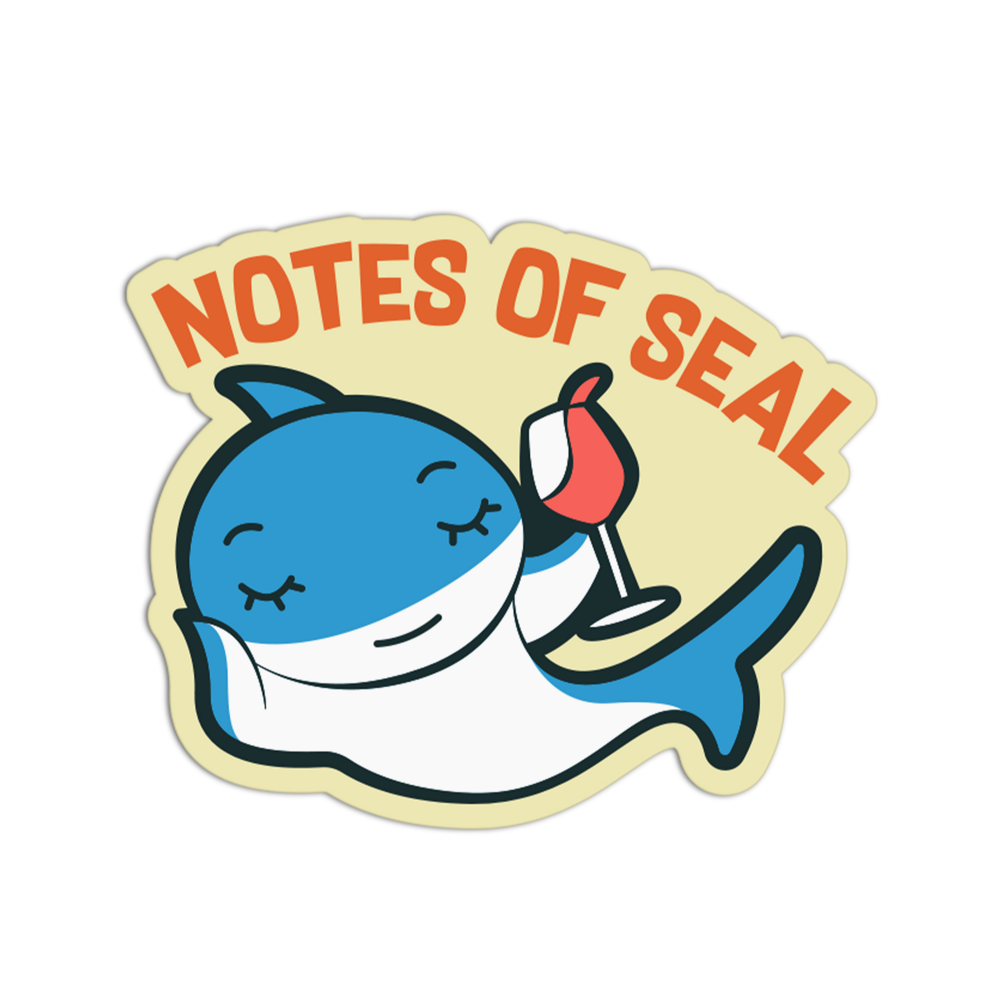 Sticker with a cartoon seal holding a cocktail and 'NOTES OF SEAL' text on a beige background