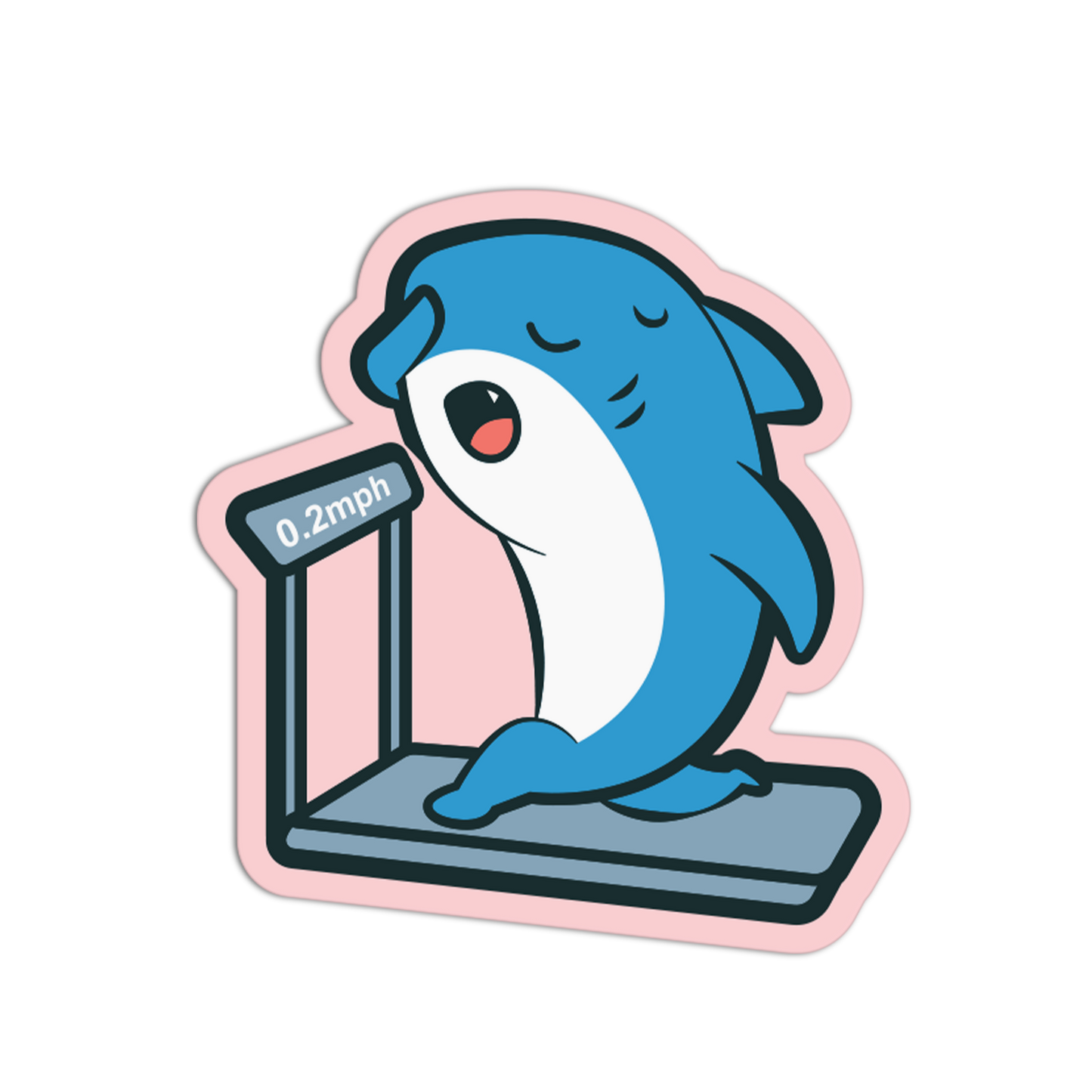 Cartoon shark on a treadmill with a speed display, on a white background
