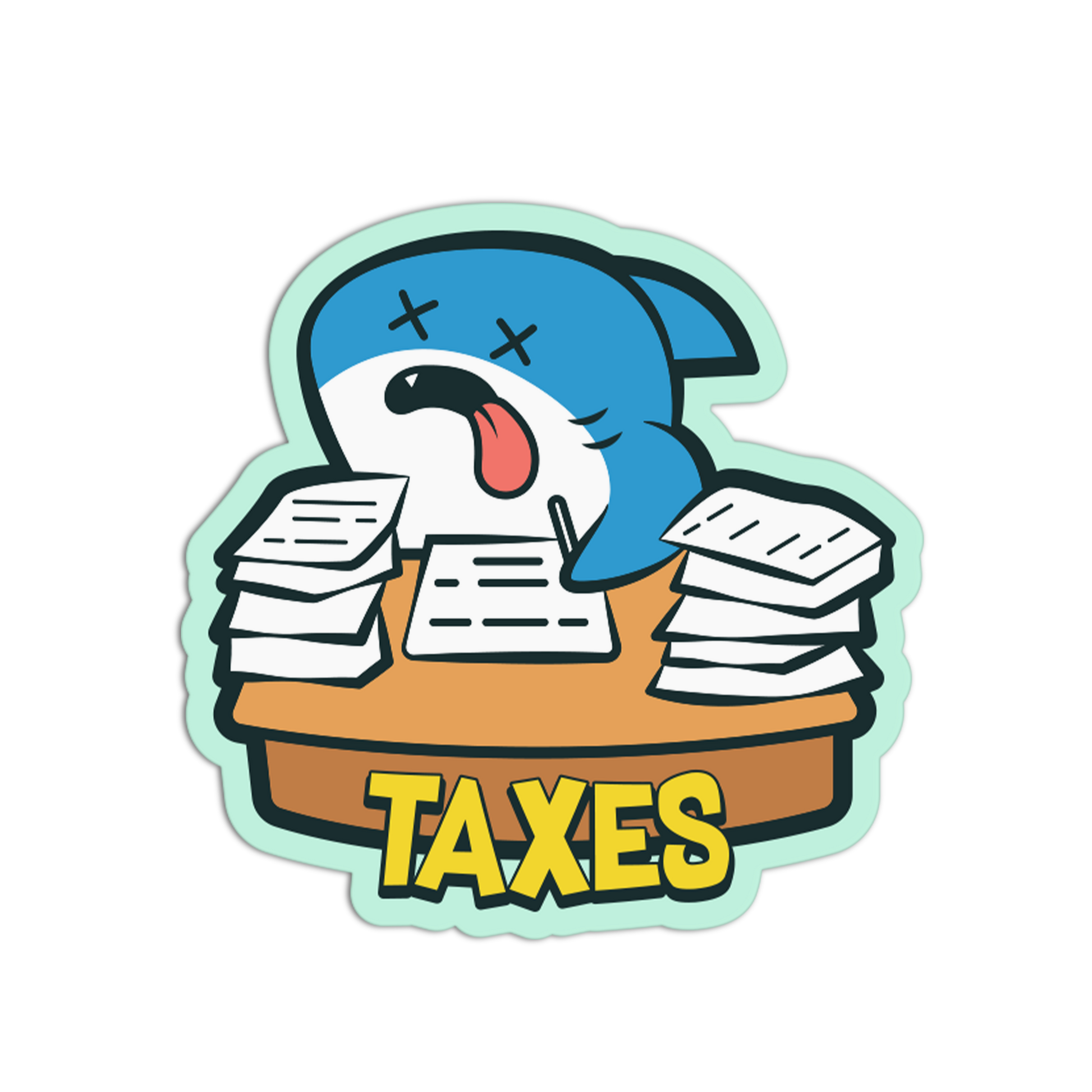 Cartoon character with blue hair and a tired expression, surrounded by tax forms with 'TAXES' text below.