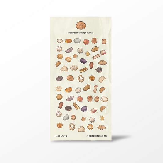 Pack of textured stickers with various shapes on a beige background
