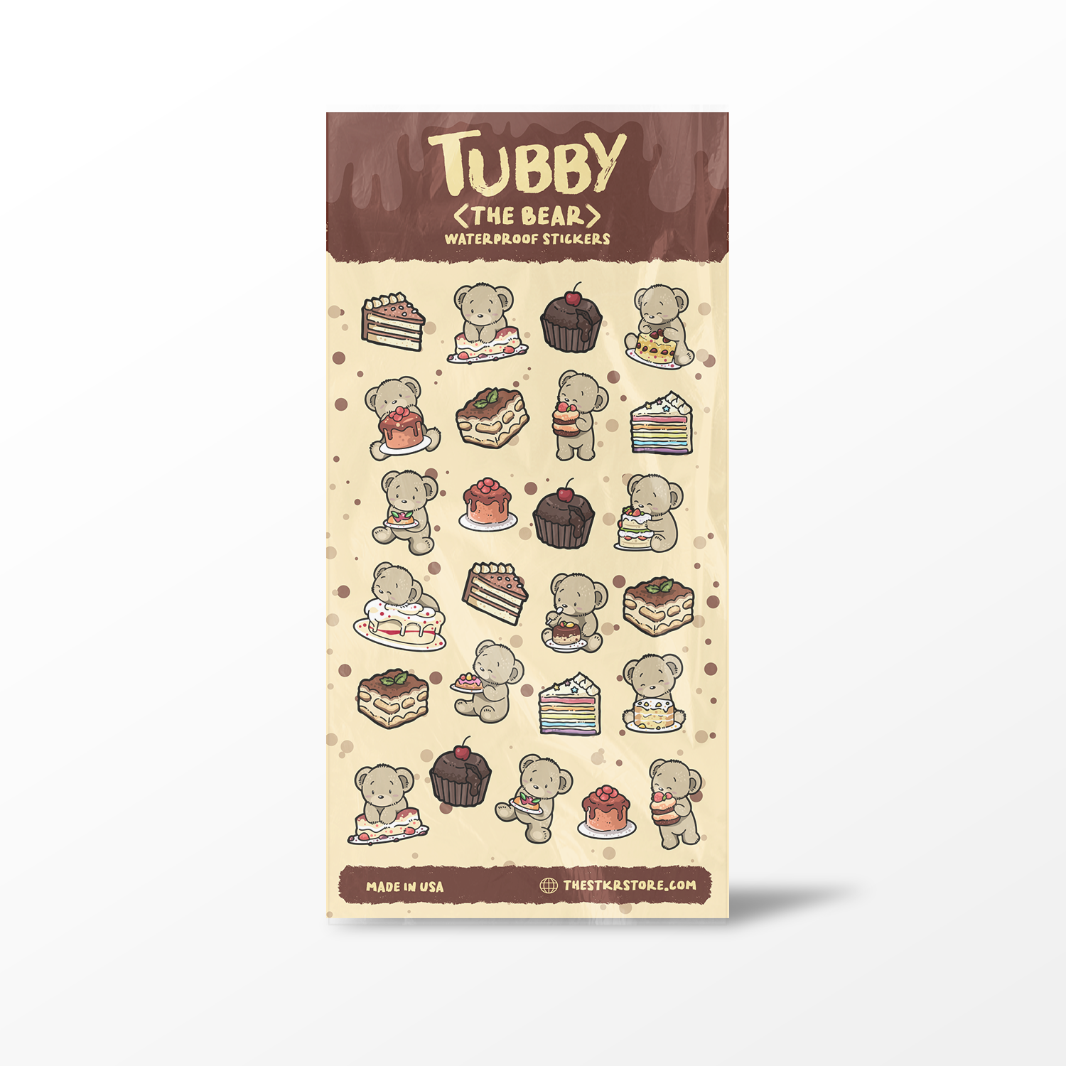 Packaging of Tubby the Bear waterproof stickers with illustrations of bears and cakes.