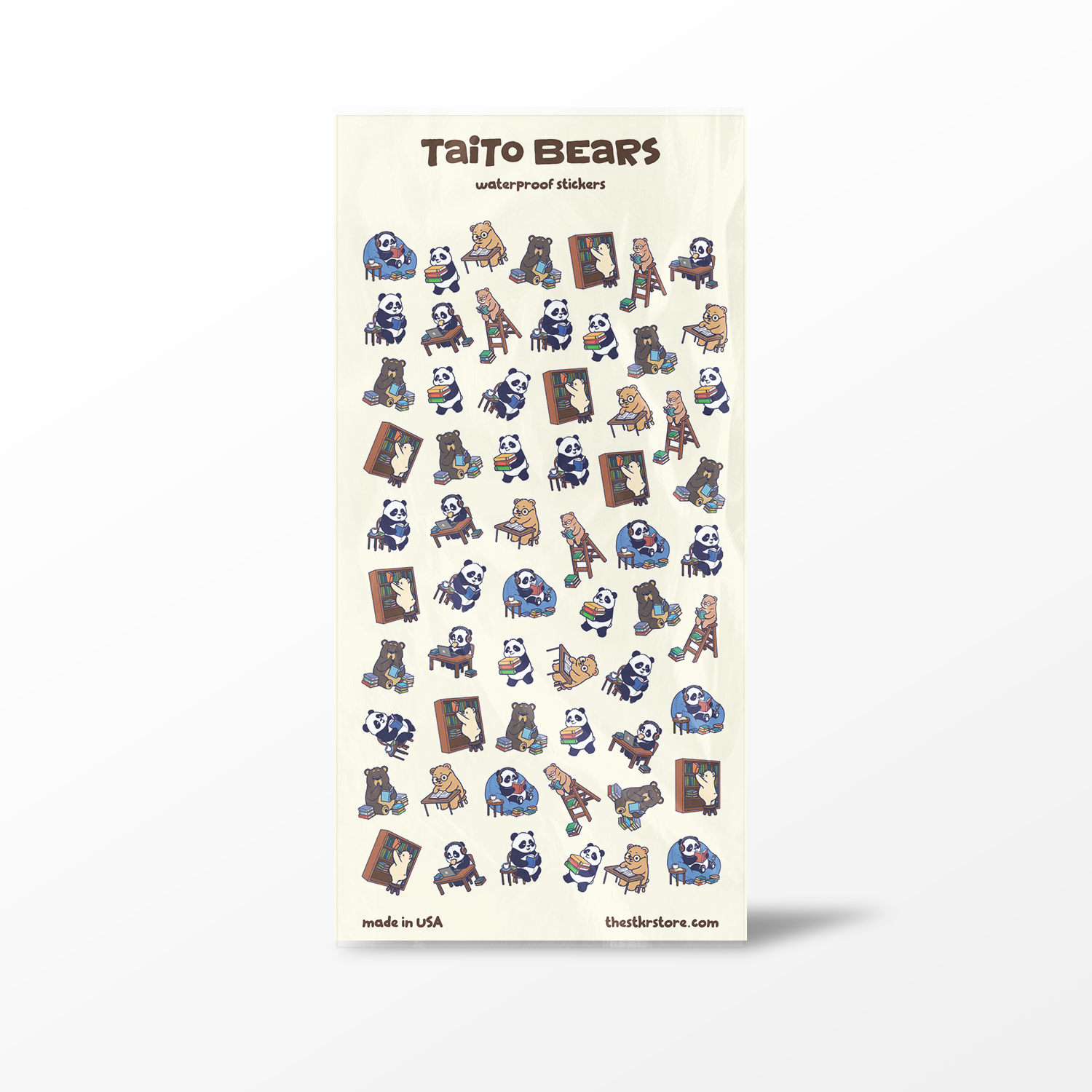 Sheet of Taito Bears stickers with various bear illustrations on a beige background.