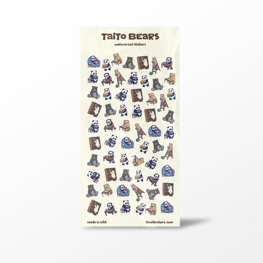 Sheet of Taito Bears stickers with various bear illustrations on a beige background.