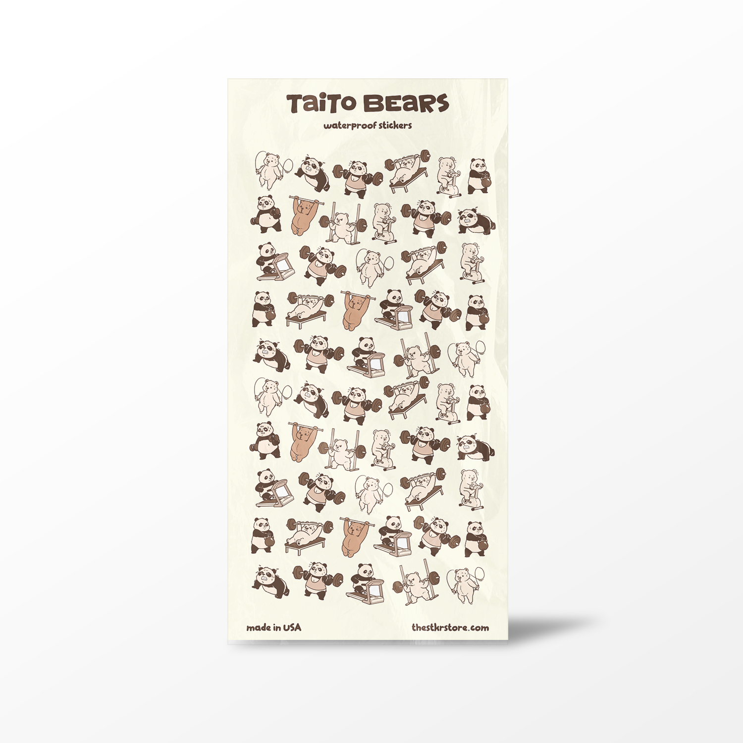 Sheet of Taito Bears waterproof stickers with various bear illustrations on a beige background.