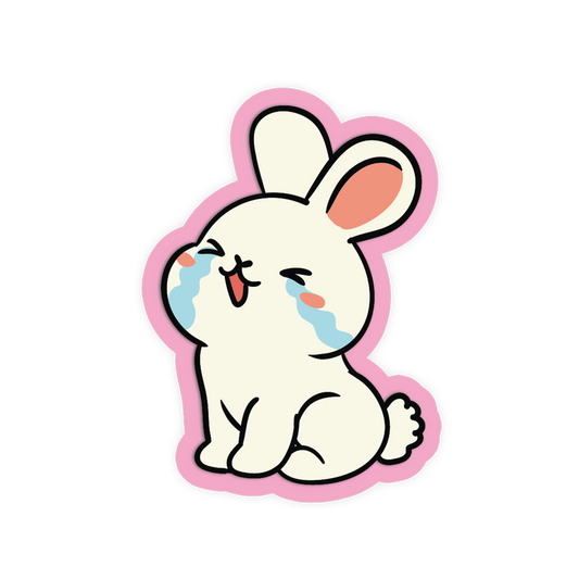 Cartoon rabbit sticker with a sad expression on a white background