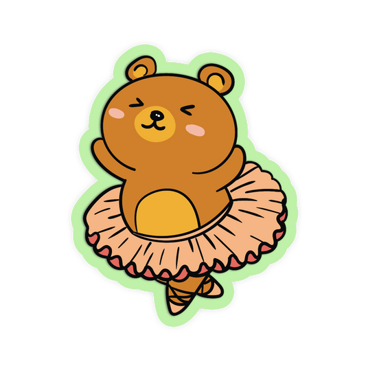 Cartoon bear in a ballet outfit with a green border on a white background