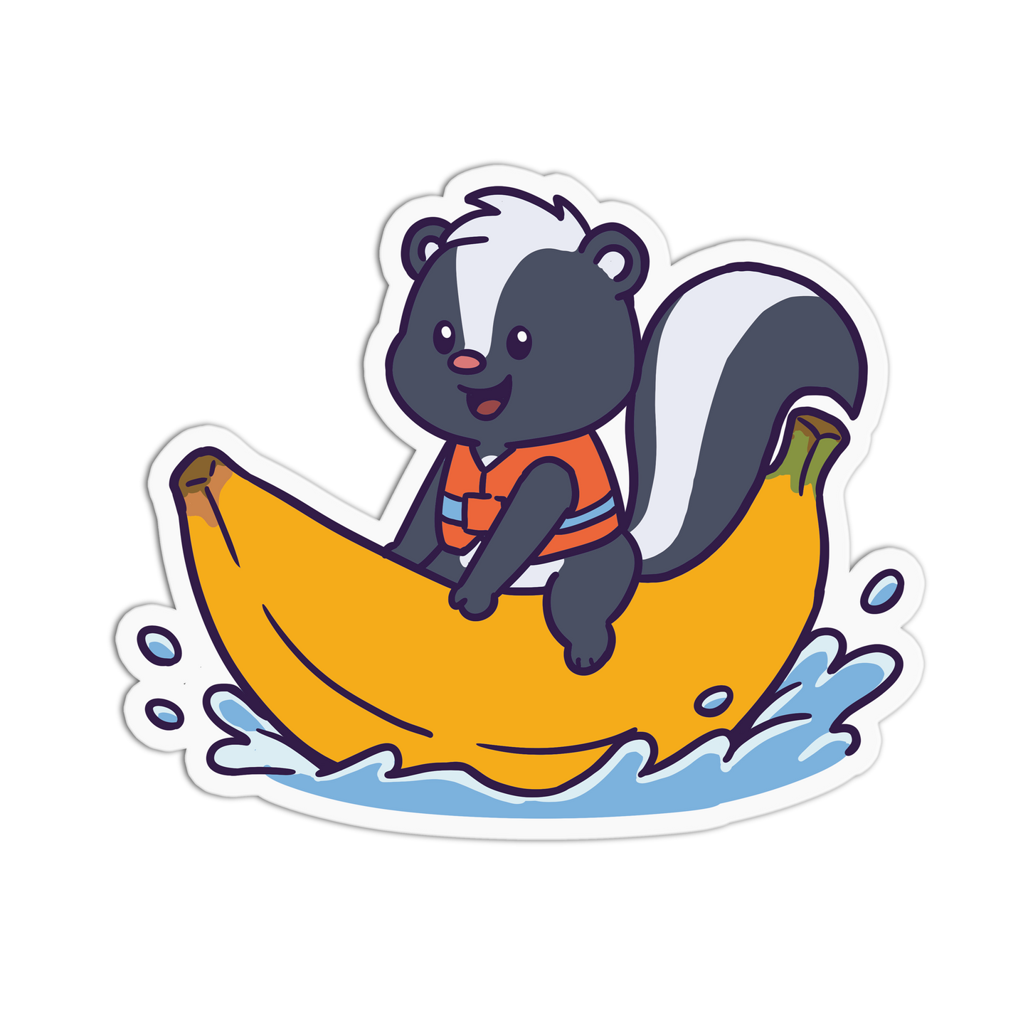 Cartoon skunk in an orange life jacket on a banana with water splashes.