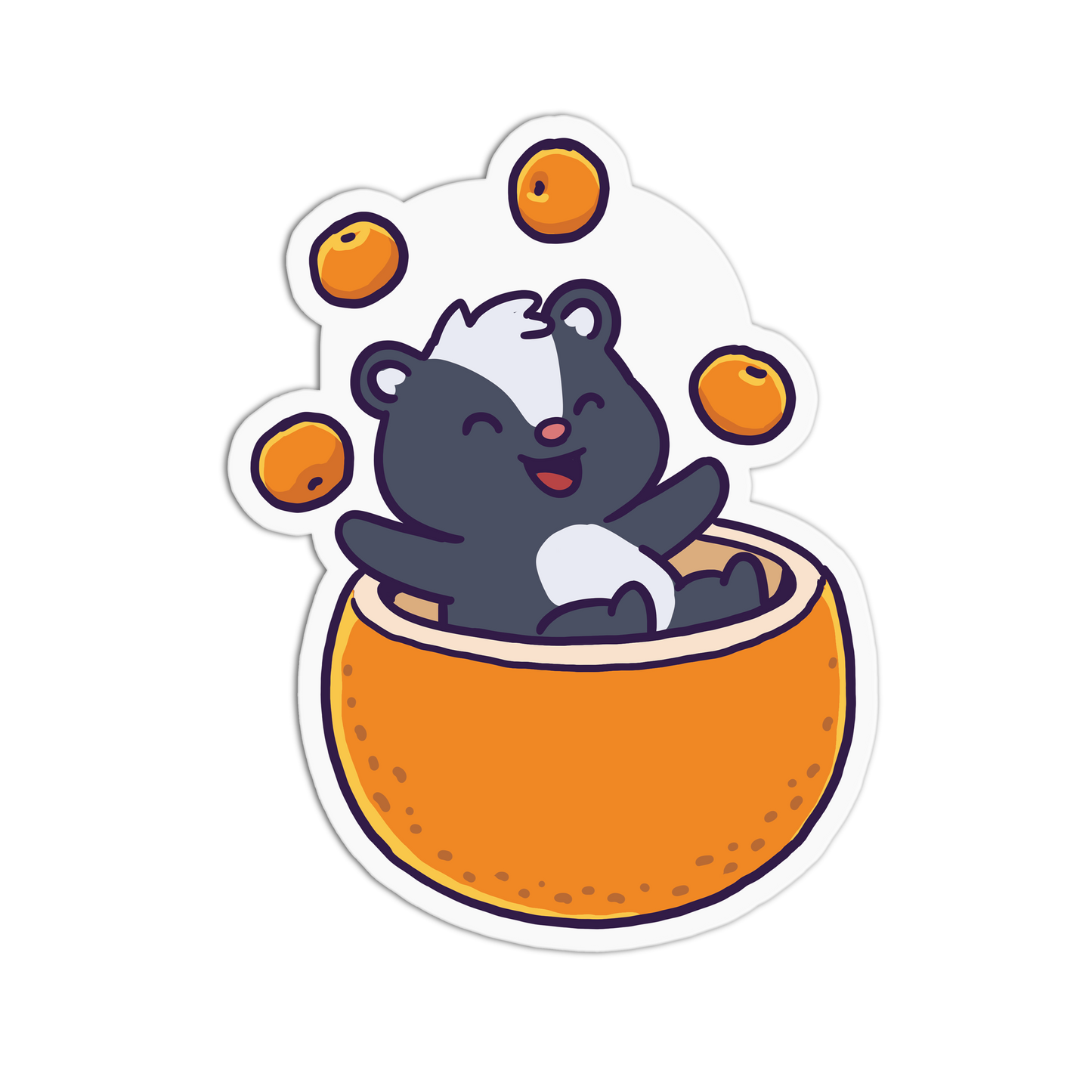 Cartoon skunk inside an orange with a white background