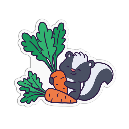 Cartoon skunk holding a carrot with green leaves on a white background