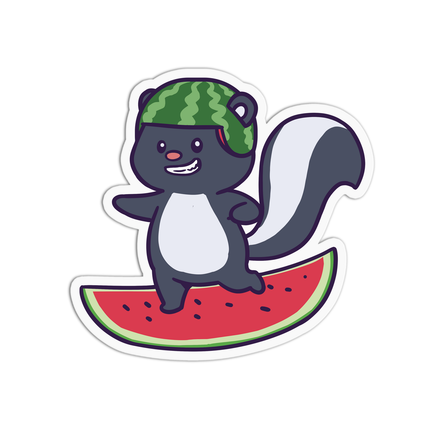 Cartoon squirrel with a watermelon slice and watermelon top on a white background