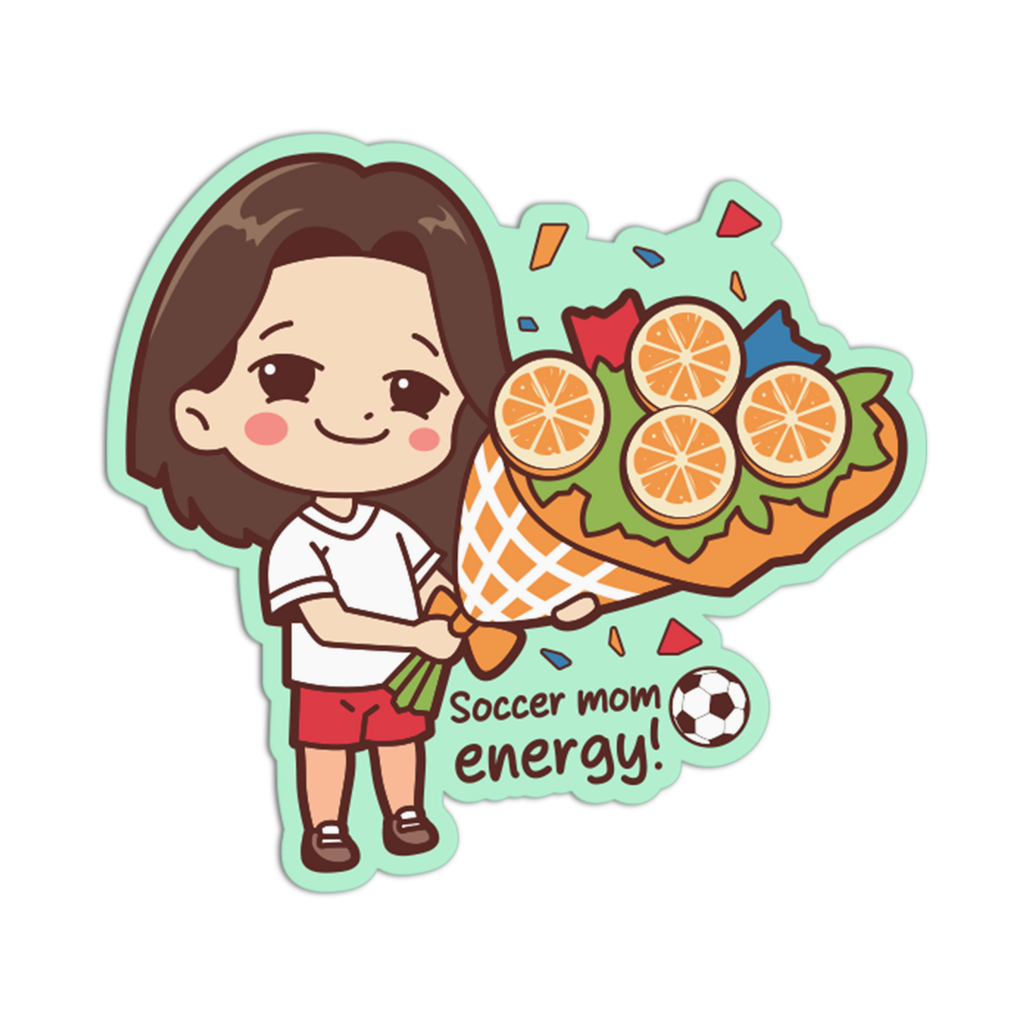 Cartoon character holding an ice cream cone with oranges, text 'Soccer mom energy!' on a transparent background