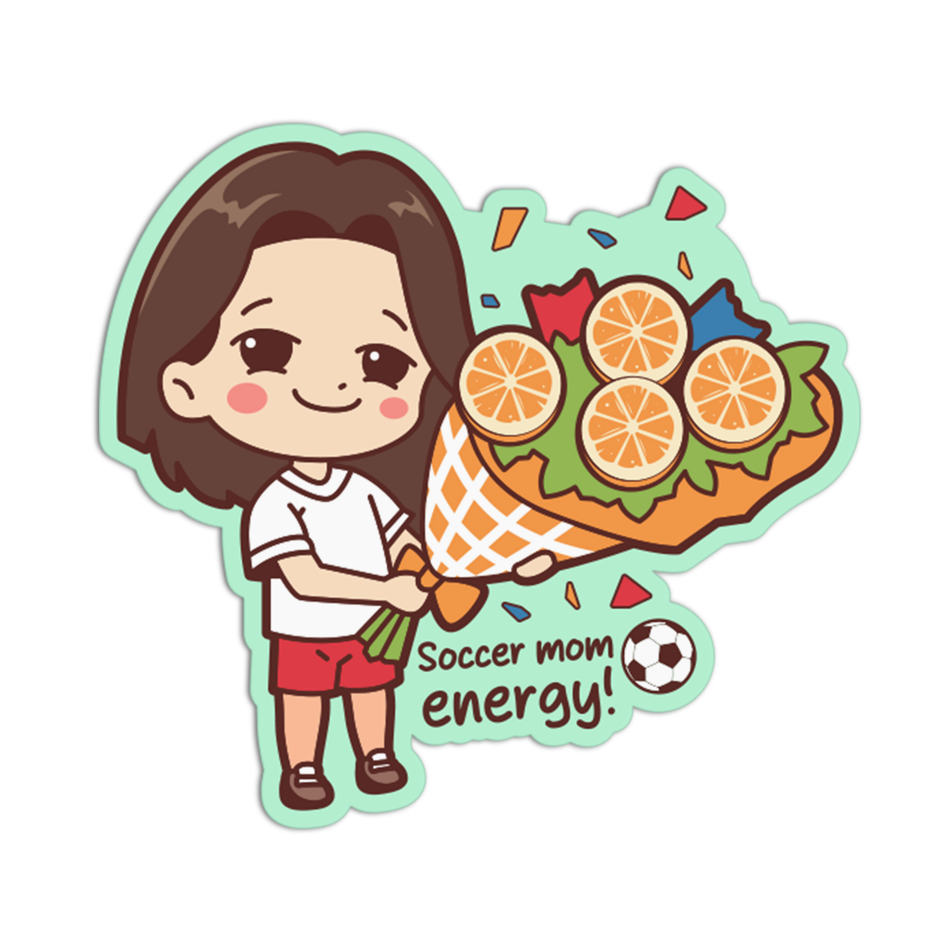Cartoon character holding an ice cream cone with oranges, text 'Soccer mom energy!' on a transparent background