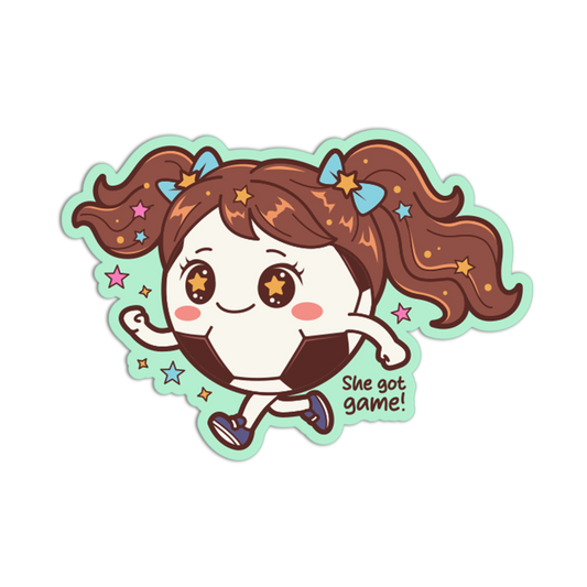 Cartoon character with brown hair and a green border on a white background