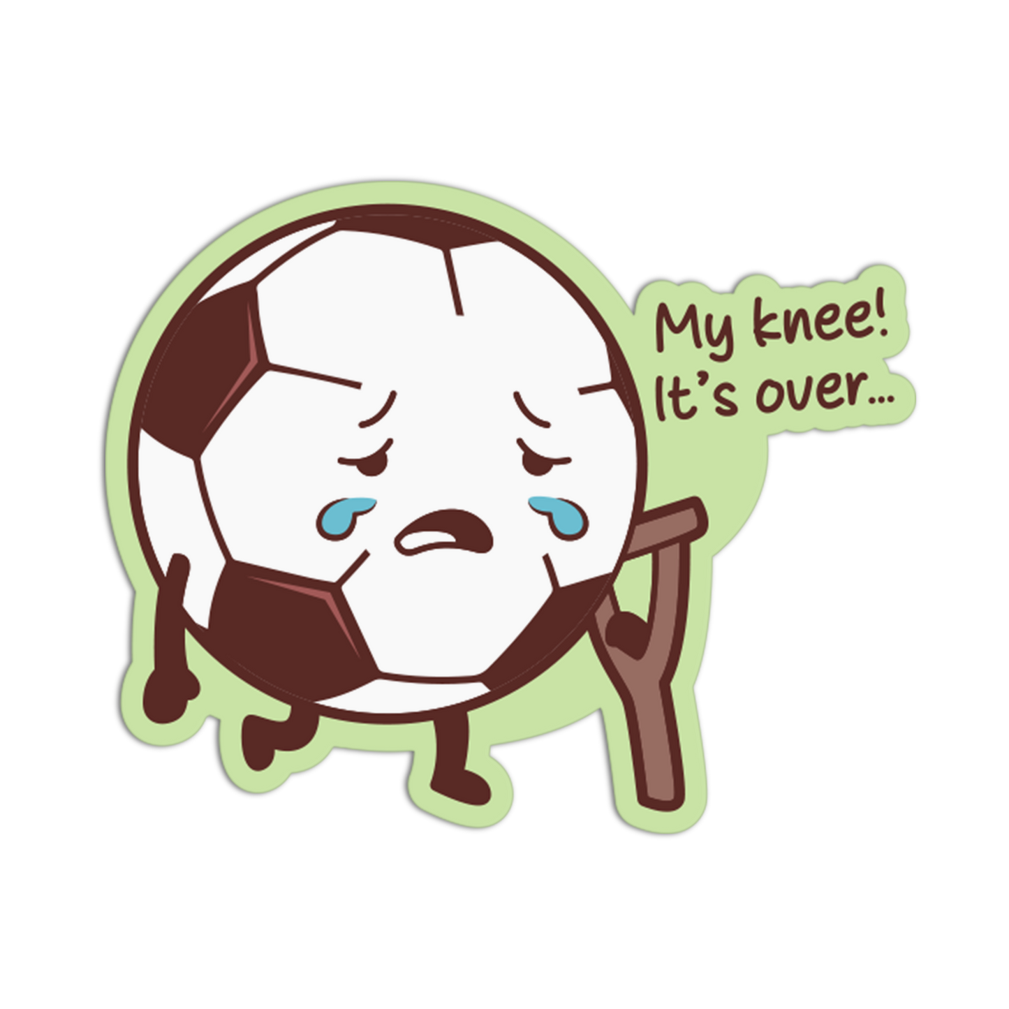 Cartoon knee with a sad expression and a speech bubble saying 'My knee! It's over...' on a white background.