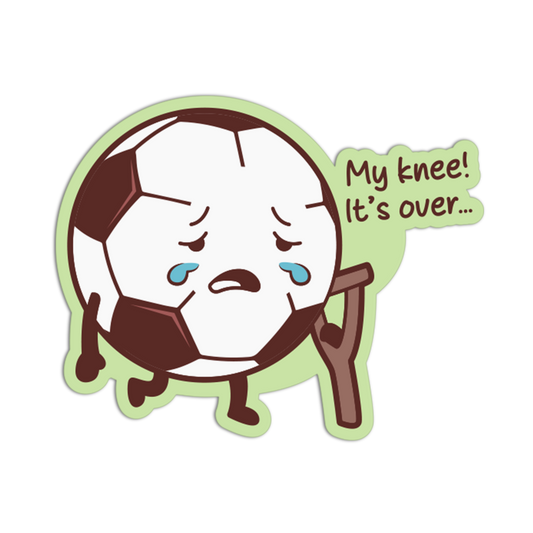 Cartoon knee with a sad expression and a speech bubble saying 'My knee! It's over...' on a white background.
