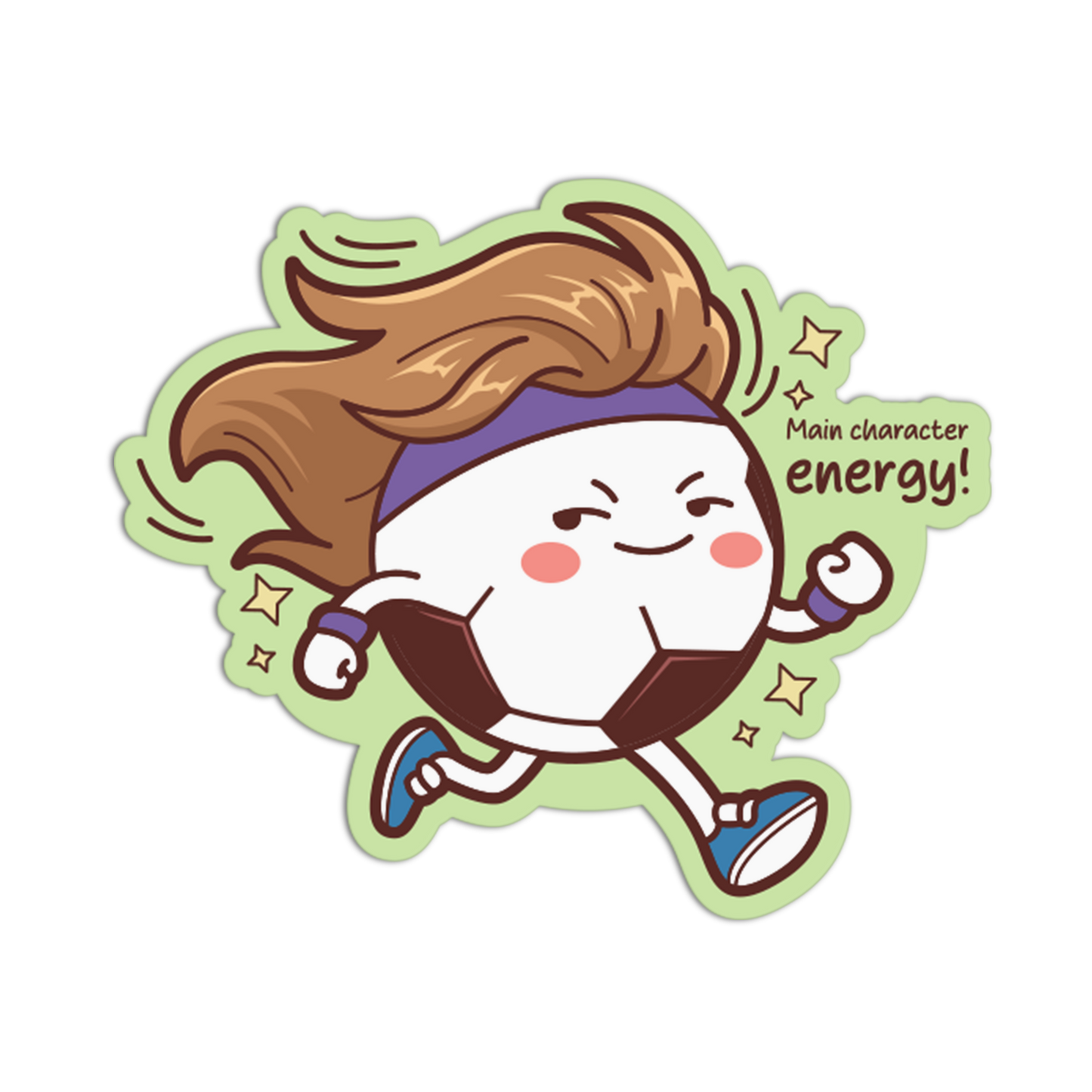 Cartoon character with brown hair and a purple headband running, with text 'Main character energy!' on a green border.