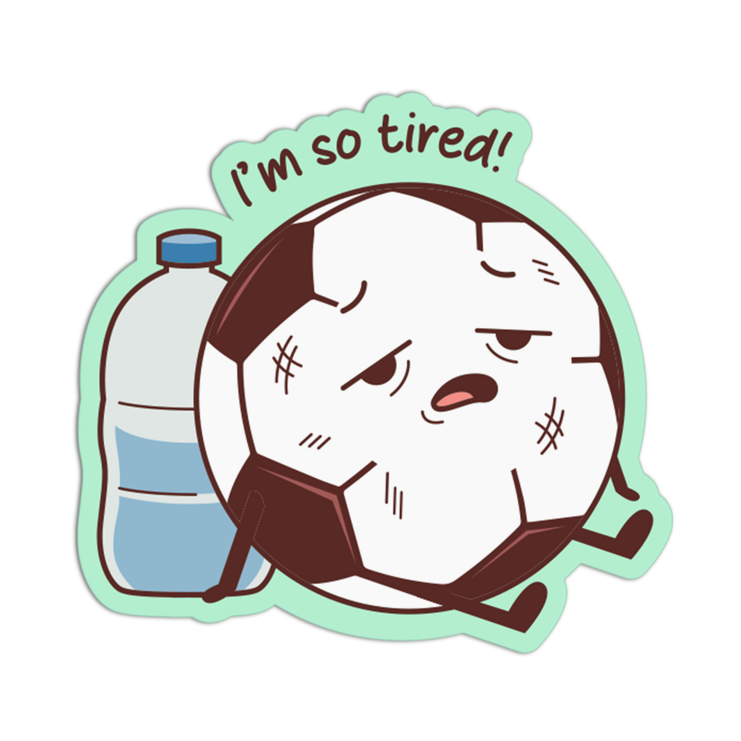 Cartoon character looking tired with 'I'm so tired!' text and a bottle of water.
