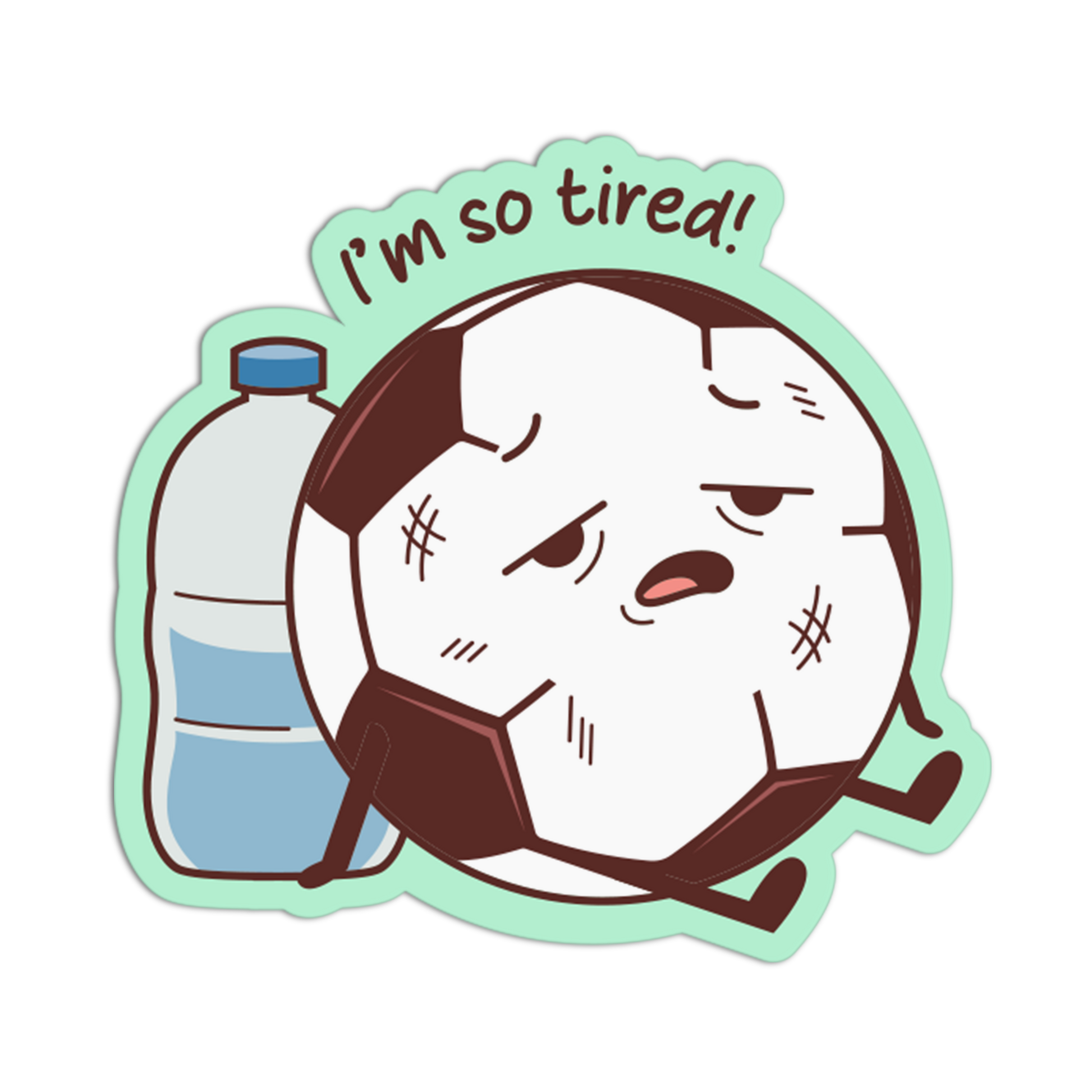 Cartoon character looking tired with 'I'm so tired!' text and a bottle of water.
