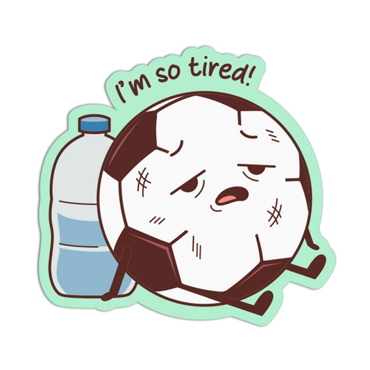 Cartoon character looking tired with 'I'm so tired!' text and a bottle of water.