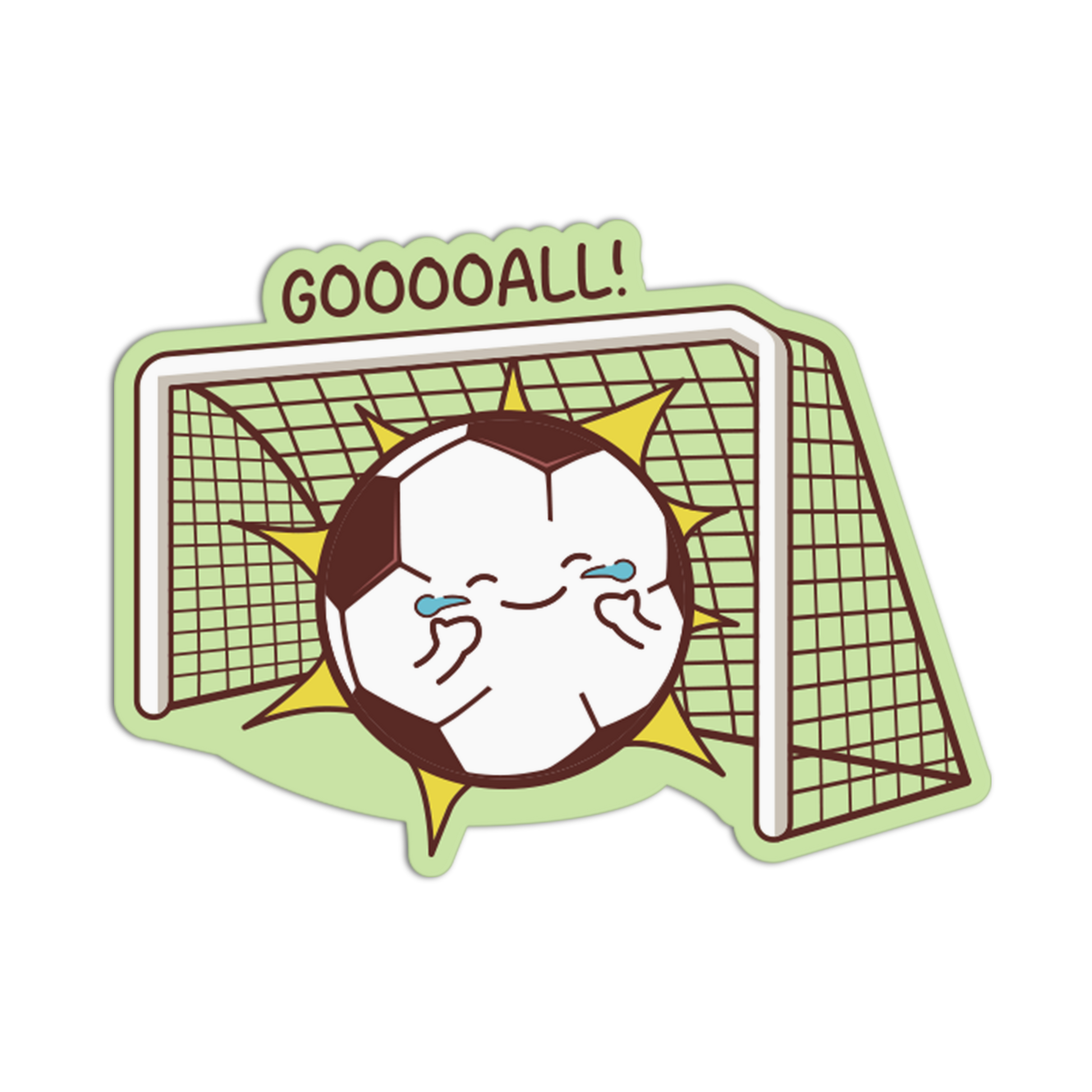 Cartoon soccer ball with a smiling face in front of a goal, with 'GOOOOALL!' text above.
