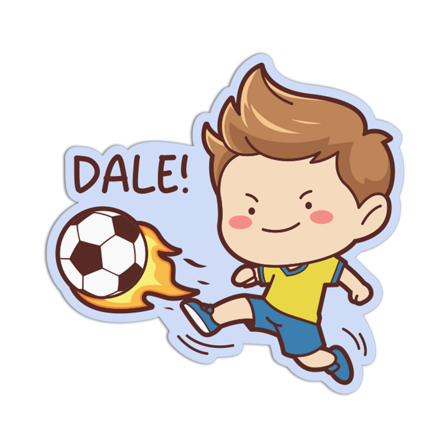 Cartoon boy kicking a flaming soccer ball with 'DALE!' text