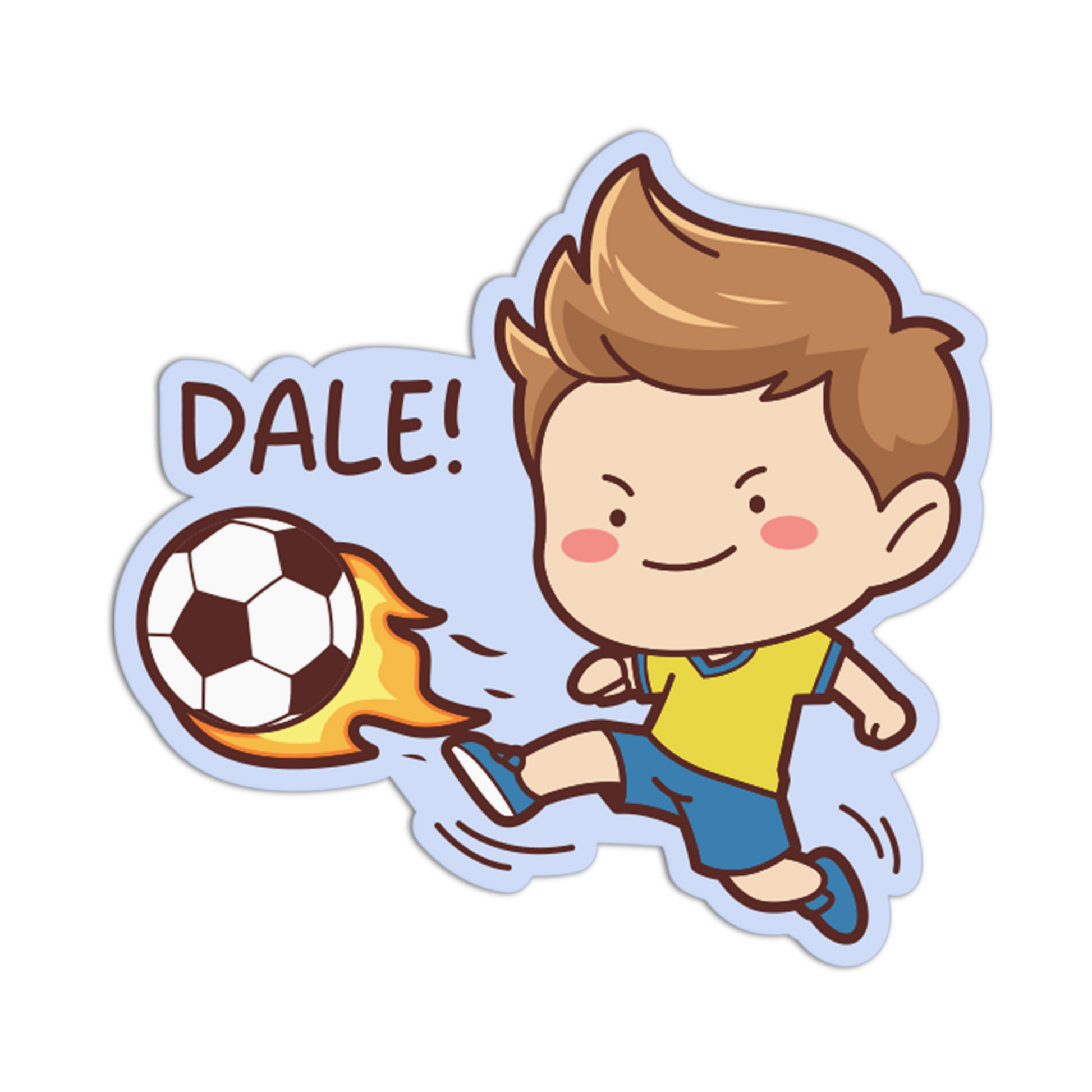 Cartoon boy kicking a flaming soccer ball with 'DALE!' text